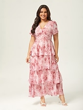 abordables Robes décontractées-Robe longue décontractée pour femme, tenue de soirée, col en V, manches courtes, coupe trapèze, imprimé floral, volants superposés, tenue de tous les jours, jupe gâteau, taille ajustée, robe longue
