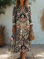 abordables Robe Boho-Femmes Robe Midi Robe d&#039;Été Robe trapèze Vacances Occasionnel Sortir Coupe Ample Fleuri Graphique Paisley manche longue Col en V Noir Jaune Rose Claire Bleu Printemps Automne