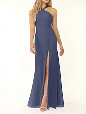 baratos Vestidos para Madrinhas-Vestido de dama de honra sereia/trompete, decote halter, sem mangas, elegante, longo, chiffon, com fenda frontal 2025