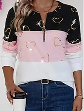 abordables Hauts Rayés et Géométriques-Pull à zip quart pour femme à rayures géométriques en forme de cœur décontracté manches longues col rond hauts réguliers mode de rue vêtements quotidiens imprimé décontracté rose automne hiver