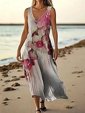 abordables Robes Floraux Imprimés-Femmes Robe Longue Maxi Robe Robe Décontractée Robe débardeur Robe d&#039;été ancien africain Quotidien Fête Plage Coupe régulière Fleuri Sans manches Col en V Jaune Bleu Orange Gris Clair Été