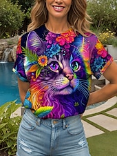 preiswerte Tiere T-Shirt-Damen T Shirt Blumen Grafik Tiermotiv Vintage Stilvoll Klassisch Kurzarm Rundhalsausschnitt Rundhals Normale Oberteile Täglich Wochenende Druck Gelb Rote Blau Purpur Grün Sommer Frühling