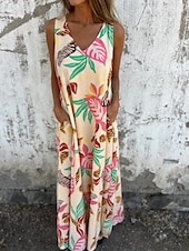 abordables Robes fleuries-Femmes Robe maxi Robe trapèze Robe Nuisette Vacances Occasionnel Boho Extérieur Sortir Coupe régulière Fleuri Sans manches Col en V Bleu Abricot Beige Été