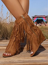 abordables Sandalias de Vacaciones-Botas de cuña con punta abierta de ante con flecos para mujer, con cremallera y detalle de candado: estilo bohemio para festivales, conciertos de música y eventos al aire libre.