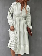 ieftine Rochie cu dungi și geometrică-Pentru femei Rochii Midi Rochie A line Casual Zilnic Potrivire Largă Dungi Manșon Lung În V Negru Albastru piscină Trifoi Primăvară Toamnă