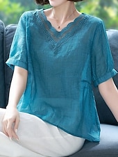 cheap Sets-Women&#039;s Cotton Linen Shirts Solid Color Elegant Stylish Basic Short Sleeve V Neck Regular Tops Daily Embroidered Blue Summer Spring