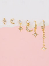 tanie Kolczyki damskie-damski pozłacany zestaw kolczyków w kształcie gwiazdy i księżyca – delikatne niebiańskie cyrkonie i wiszące kolczyki na modne przyjęcia, prezenty i na co dzień