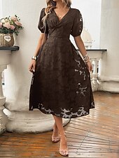 abordables Robe Simple-Femmes Robe Midi Robe trapèze Vacances Occasionnel Boho Extérieur Sortir Plage Coupe Ample Couleur Unie manche longue Col en V Noir Rouge Bleu Marron Été Printemps