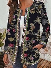 abordables vestes décontractées-Femmes Veste Décontractée Chaud Confortable Avec Poches Mode Moderne Fleuri Rue Sortir Régulier Sans Col Coupe régulière manche longue Vêtements d&#039;extérieur Noir Rose Claire Violet Automne Hiver
