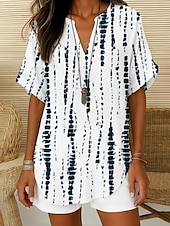 ieftine Topuri pentru femei cu dungi și geometrice-Pentru femei Cămașă Boho Grafic Geometric Elegant Boemia Tropical Manșon scurt În V Topuri obișnuite Zilnic Concediu Costum de plajă Alb Albastru piscină Vară Primăvară