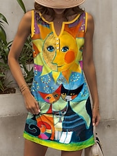 preiswerte Tiere Kleider-Damen Minikleid Sommerkleid Shiftkleid Schulterfreies Kleid Urlaub Lässig Outdoor Ausgehen Normale Passform Grafik Tiermotiv Katze Ärmellos V Ausschnitt Gelb Rote Blau Purpur Sommer Frühling