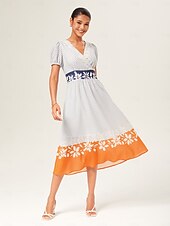 economico Abiti eleganti floreali-abito midi a trapezio con blocchi di colore a righe effetto lino