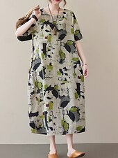 cheap Print Cotton &amp; Linen Dresses-Women&#039;s Maxi Dress Summer Dress Casual Daily Regular Fit Graphic Short Sleeve Crew Neck Gray Summer