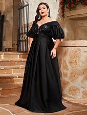 economico NERO-Abito da sera A-Line elegante formale da matrimonio lunghezza a terra maniche corte scollatura a cuore in raso con pieghe