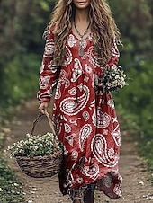 abordables Robes Boho-Femmes Robe maxi Robe trapèze Vacances Occasionnel Boho Sortir Plage Coupe Ample Fleuri Graphique Paisley manche longue Col en V Rouge Bleu Vert Gris Été Printemps