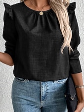 billige Plain t-skjorte-Dame T skjorte عادي Mote Moderne Fritid Langermet Crew-hals Vanlige topper Daglig Helg Drapering Knapper Svart Navyblå Kakifarget Grå Sommer