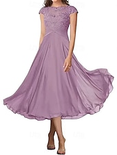 billiga Te Längd-A-linjeformad bröllopsfestmammas klänning elegant enkel krage ankellängd chiffon kort ärm med veck solid färg