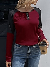お買い得  ストライプ＆ジオメトリックTシャツ-女性用 ブラウス カラーブロック スタイリッシュ カジュアル 長袖 クルーネック レギュラートップス 日常 パッチワーク ボタン イエロー ワイン 夏 春
