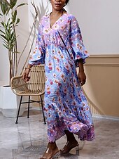 preiswerte Ausgefallene Kleider-Damen Langes Kleid Maxikleid Freizeitkleid Schwingkleid Boho-Kleid Westernkleid Elegant Mode Romantisch Outdoor Urlaub Party Normale Passform Blume Langarm V Ausschnitt Blau Frühling Herbst