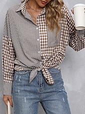 economico Giacche per camicie-Per donna Camicia Blusa Plaid Moderno Casual Manica Lunga Colletto a Camicia Top Regolari Quotidiano Uscire Tasca Bottoni Viola Marrone Autunno