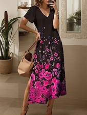 cheap Floral Dress-Women&#039;s Maxi Dress Casual Dress Sundress A Line Dress Elegant Vacation Casual Beach Regular Fit Ombre Floral Graphic Short Sleeve V Neck Magenta Red Blue Purple Summer Spring
