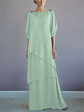 voordelige Vloerlengte-ts strand bruiloft a-lijn moeder van de bruid jurk formele bruiloft gast elegante bateau hals vloer lengte chiffon halve mouw met ruches drapering laag 2025