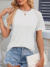 preiswerte Einfarbiges T-Shirt-Damen T Shirt Einfach Mode Stilvoll Klassisch Kurzarm Rundhalsausschnitt Normale Oberteile Täglich Wochenende Patchwork Weiß Rosa Blau Khaki Sommer