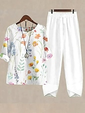 abordables Ensembles chemisiers pour femmes-Femmes Basique Chemise Ensembles de Pantalons Demi Manches Col rond A Ombre Fleuri Graphique Imprimé Fête Décontracté Quotidien Week-end Blanche Jaune Bleu clair Été Coupe régulière