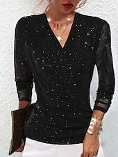 voordelige Dames eenvoudige tops-Dames Blouse Effen Kleur Stijlvol Casual Lange mouw V-hals Normale tops Dagelijks Netstof Lapwerk Zwart Rood Kameel Paars Bruin Zomer Lente