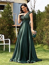 baratos AZUL-Vestidos de Quinceanera Linha A Vestido Elegante Casamento Formal Comprimento do Chão Sem Mangas Decote em V Cetim com Lantejoulas