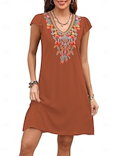 cheap Boho Dress-Women&#039;s Mini Dress Casual Dress Fashion Modern Elegant Dress Cap Sleeve Wedding Daily Date Regular Fit Floral Embroidery Sleeveless V Neck Black White Orange Summer