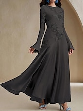 preiswerte BLAU-Blauer Bogen Spitze A-Linie Abendkleid Elegantes Kleid Formelles Hochzeitskleid Bodenlang Lange Ärmel Rundhals Stretchmaterial