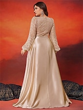 billige champagne-A-Line Plus Size Kjoler Elegant Kurve Kjole Formell Bryllup Gulvlengde Lang Erme V-hals Satin med Plisseringer
