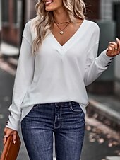 billige Plain t-skjorte-Dame Bluse Helfarge Stilfull Fritid Langermet V-hals Vanlige topper Daglig Knapper Svart Hvit Vin Militærgrønn Navyblå Sommer Vår
