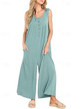 olcso alkalmi kombiné-Női Szabályos Jumpsuitek Utcai sikk Tömör szín Ujjatlan U-alakú Gombok Zseb Utca Napi Normál Fekete Sötétkék Medence Nyár