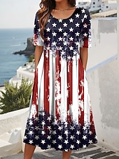billige Uavhengighetsdagkjole-Kvinnens patriotiske midi kjole sommerkjole plissert kjole ferie uformell ferie løs passform grafisk stripet amerikansk flagg halv erme rundhals rød blå mørkeblå sommer