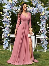 preiswerte Rosa-A-Linie Quinceanera-Kleider Elegant Kleid Formell Hochzeit Bodenlang Langarm V Ausschnitt Chiffon Ladderback-Rückenausschnitt mit Falten 2025