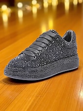 baratos Ténis de mulher-Tênis plataforma feminino branco com strass - sapatos de festa brilhantes com cadarço e detalhes em cristal para a vida noturna e para baladas