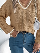 preiswerte Einfarbige Farben-Damen Pullover Lässig Farbblock Gerippt V Ausschnitt Patchwork Gestrickt Langarm Normale Oberteile Stricken Täglich Ferien Ausgehen Weiß Blau Herbst
