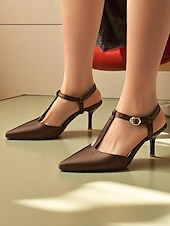 cheap Kitten Heels-Women&#039;s Brown T-Strap Pointed Toe Heels - Elegant Slingback Dress Shoes with Buckle for Office Wear and Daytime Dates