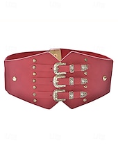 abordables Ceinture pour femme-Ceinture large élastique pour femme avec triple boucle vintage – Corset gothique en similicuir pour robes et costumes