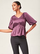 cheap Blouses &amp; Shirts-V-Neck Puff Sleeve Peplum Top