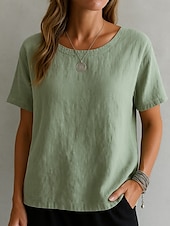 abordables Chemises-Femmes Chemise Haut en Coton Blanc Couleur Unie Élégant ancien Basique Manche Courte Col ras du cou Hauts Réguliers Quotidien Sortir Week-end Blanche Jaune Rose Claire Violet Vert Été Printemps