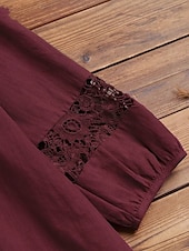 abordables Chemises-Femmes Chemises en coton et lin Couleur Unie Élégant Occasionnel Manche 3/4 Col en V Hauts Réguliers Quotidien Dentelle Patchwork Noir Blanche Vin bleu marine Été Printemps