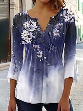 economico Top Floreali-Per donna Blusa Ombre Floreale Grafico Elegante Manica 3/4 Scollo a V Top Regolari Quotidiano Uscire Volant Bottoni Rosa Blu Viola Arancione Verde Primavera Autunno