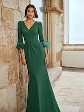economico VERDE-Abito da sera blu a trapezio, elegante, formale, da ospite di nozze, lungo fino al pavimento, manica lunga, scollo a V, staccabile, in crêpe elasticizzata con piume, 2025