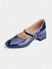 billige 1950-tallet-Dame vintage lyseblå lakksko med Mary Jane-blokkhæl – retro pensko i 1950-tallsstil for tenåringer og damer, ideelle for fester, skolearrangementer og hverdagslige elegante antrekk
