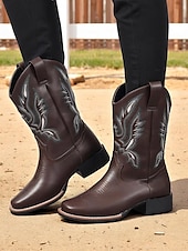abordables Cowboy et bottes occidentales-bottes de cowboy mi-mollet brodées pour femmes, bottes western en similicuir pour les travaux agricoles, les célébrations des récoltes et les événements rustiques en plein air