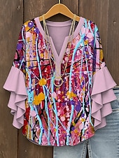 abordables Hauts d&#039;Art et de Design pour Femmes-Femmes Chemisier Graphique Abstrait Bohème ancien Quotidien Manche 3/4 Col en V Hauts Réguliers Quotidien Fête Vêtements de vacances Imprimé Jaune Rouge Bleu Violet Vert Été Printemps Automne