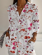 voordelige Bloemen tops-Dames Overhemd Bloemig Actief Dagelijks Stijlvol Lange mouw Overhemdkraag Normale tops Dagelijks Feestdagen Knop Afdrukken Wit Blozend Roze Marineblauw blauw Groen Lente Herfst